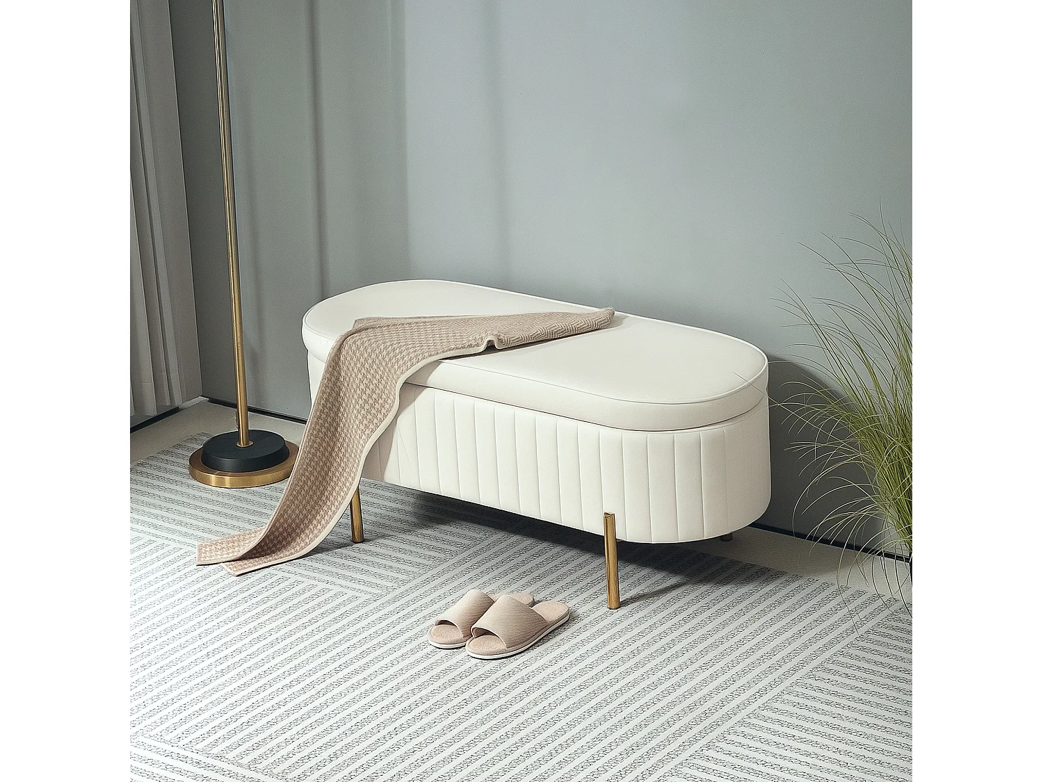 Panca contenitore ovale da 72l in tessuto effetto velluto crema