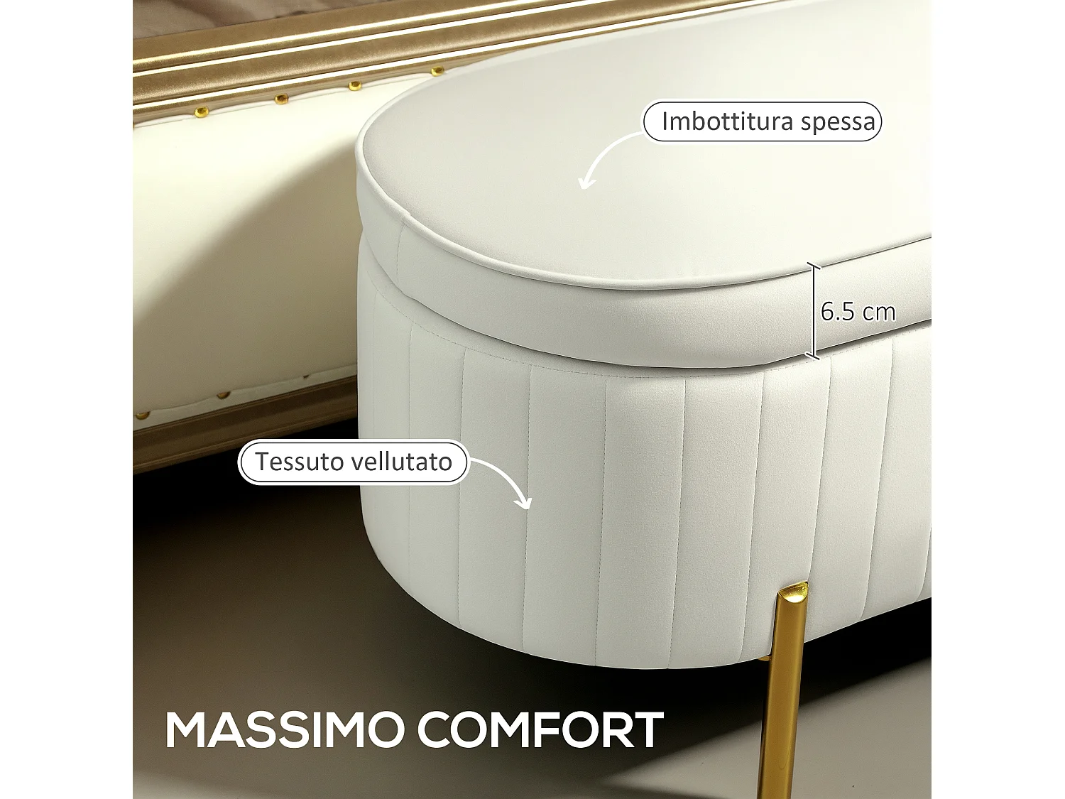 Panca contenitore ovale da 72l in tessuto effetto velluto crema