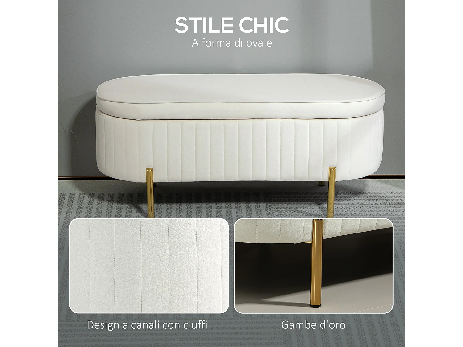 Panca contenitore ovale da 72l in tessuto effetto velluto crema