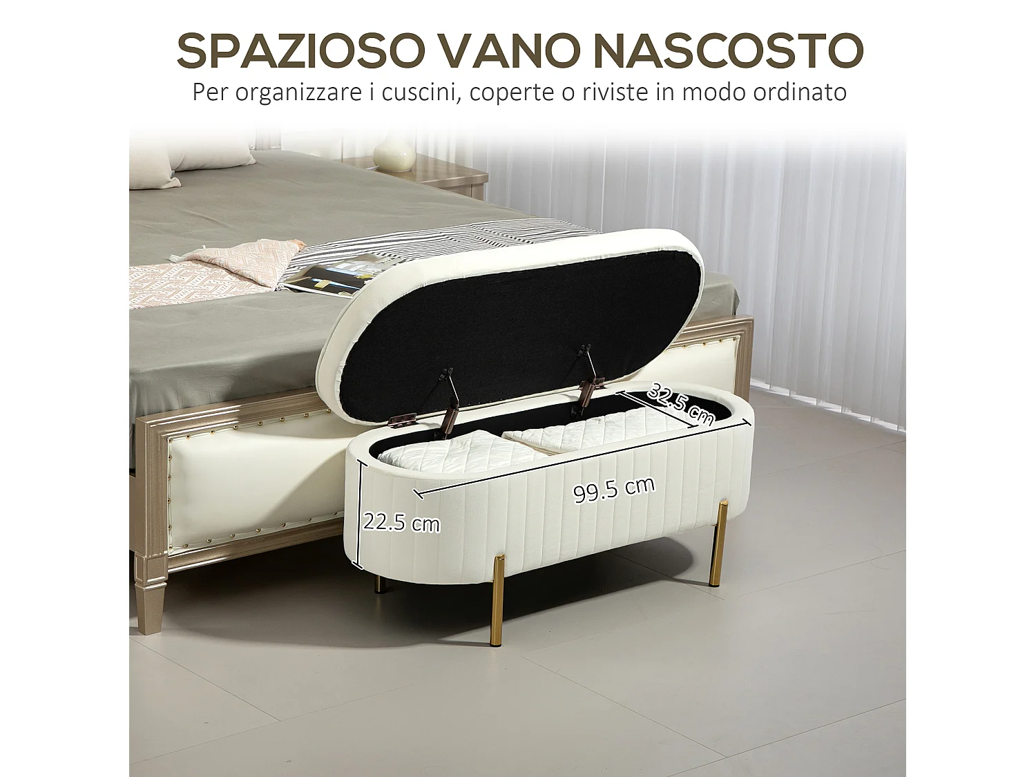 Panca contenitore ovale da 72l in tessuto effetto velluto crema