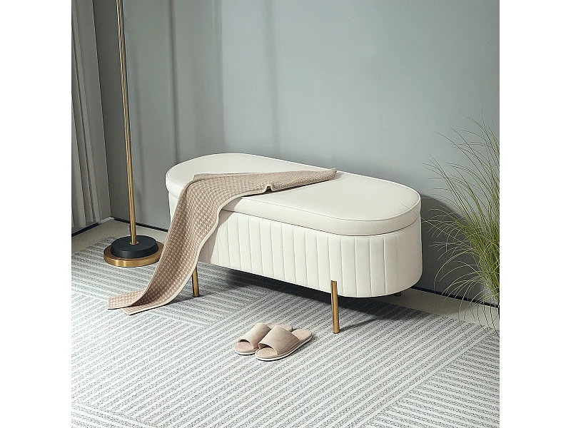 Panca contenitore ovale da 72l in tessuto effetto velluto crema