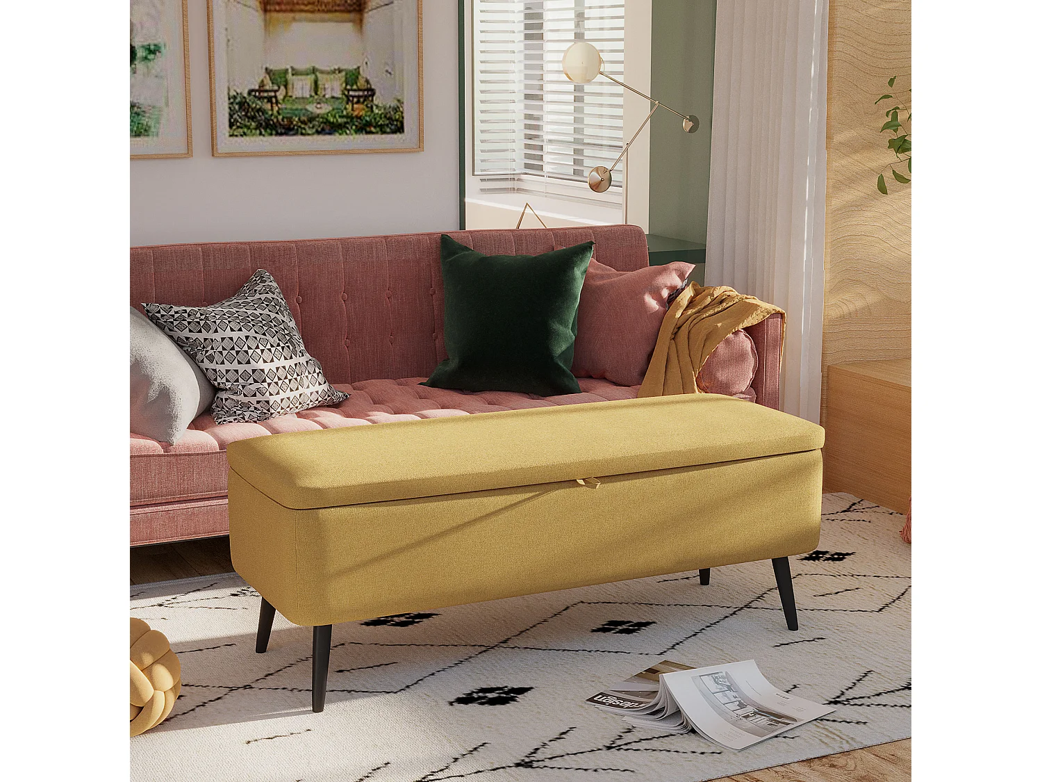 Panca fondo letto contenitore rivestita in poliestere giallo