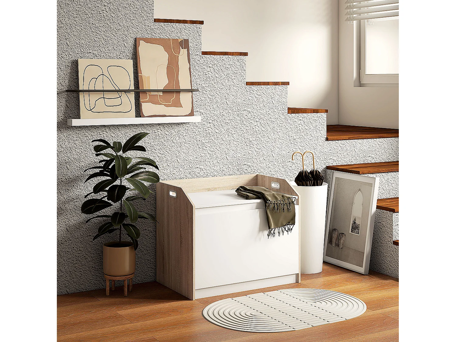 Cassapanca moderna con schienale e vano contenitore in legno bianco