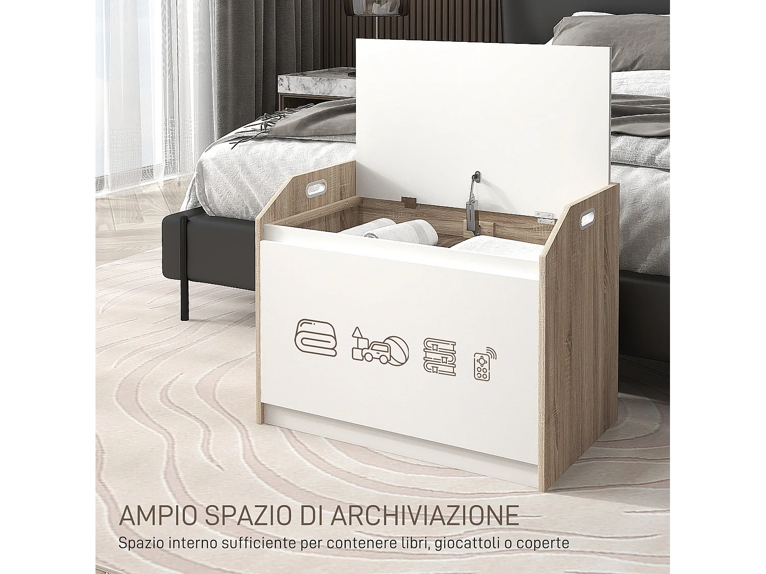 Cassapanca moderna con schienale e vano contenitore in legno bianco