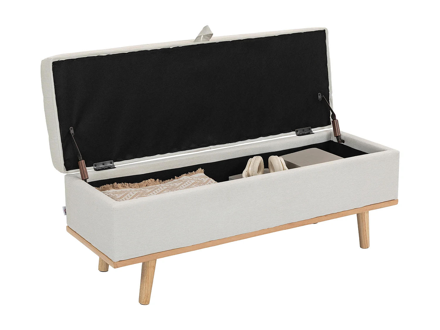 Panca contenitore imbottita da 80 litri in tessuto e legno crema