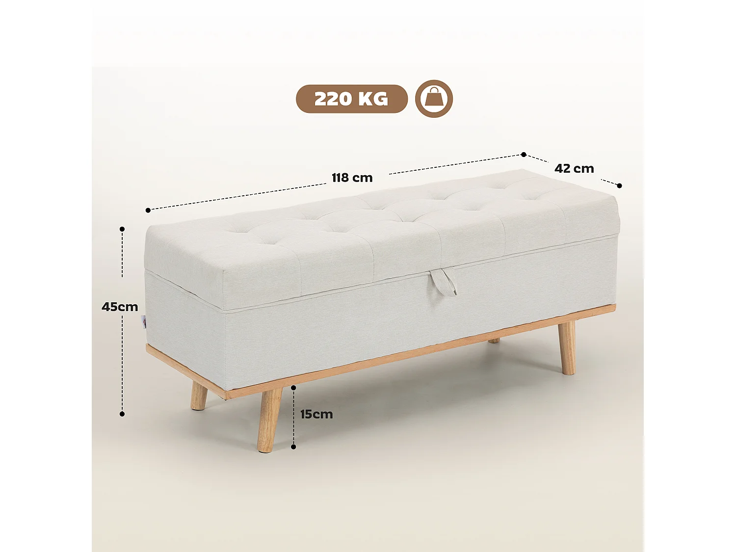 Panca contenitore imbottita da 80 litri in tessuto e legno crema