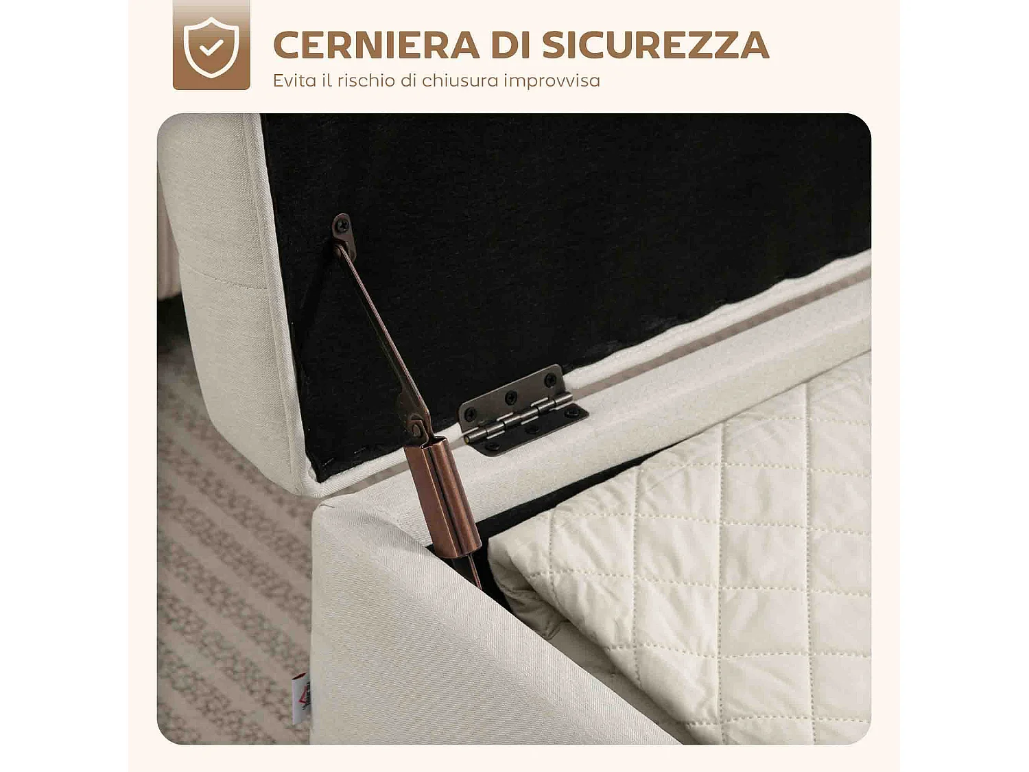 Panca contenitore imbottita da 80 litri in tessuto e legno crema