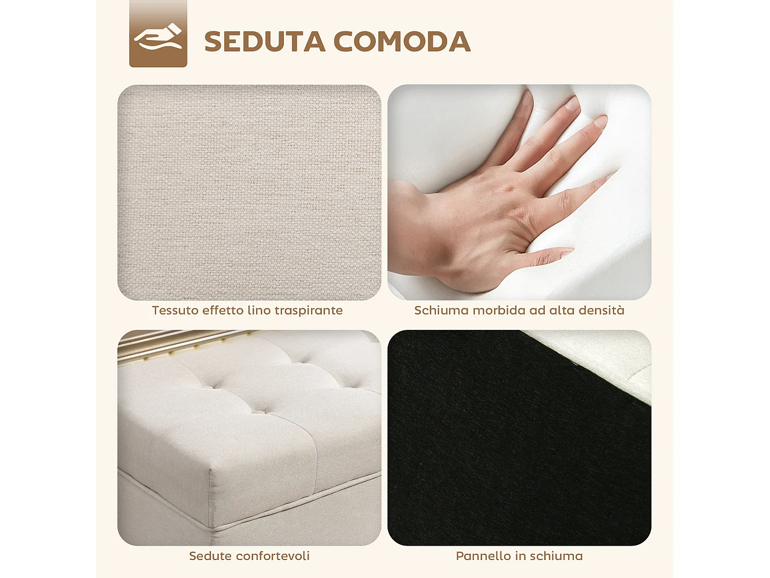 Panca contenitore imbottita da 80 litri in tessuto e legno crema