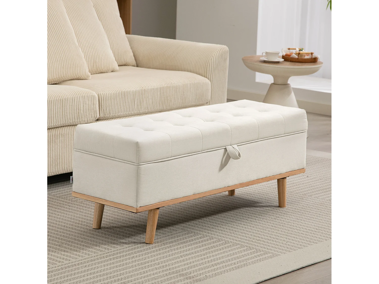 Panca contenitore imbottita da 80 litri in tessuto e legno crema