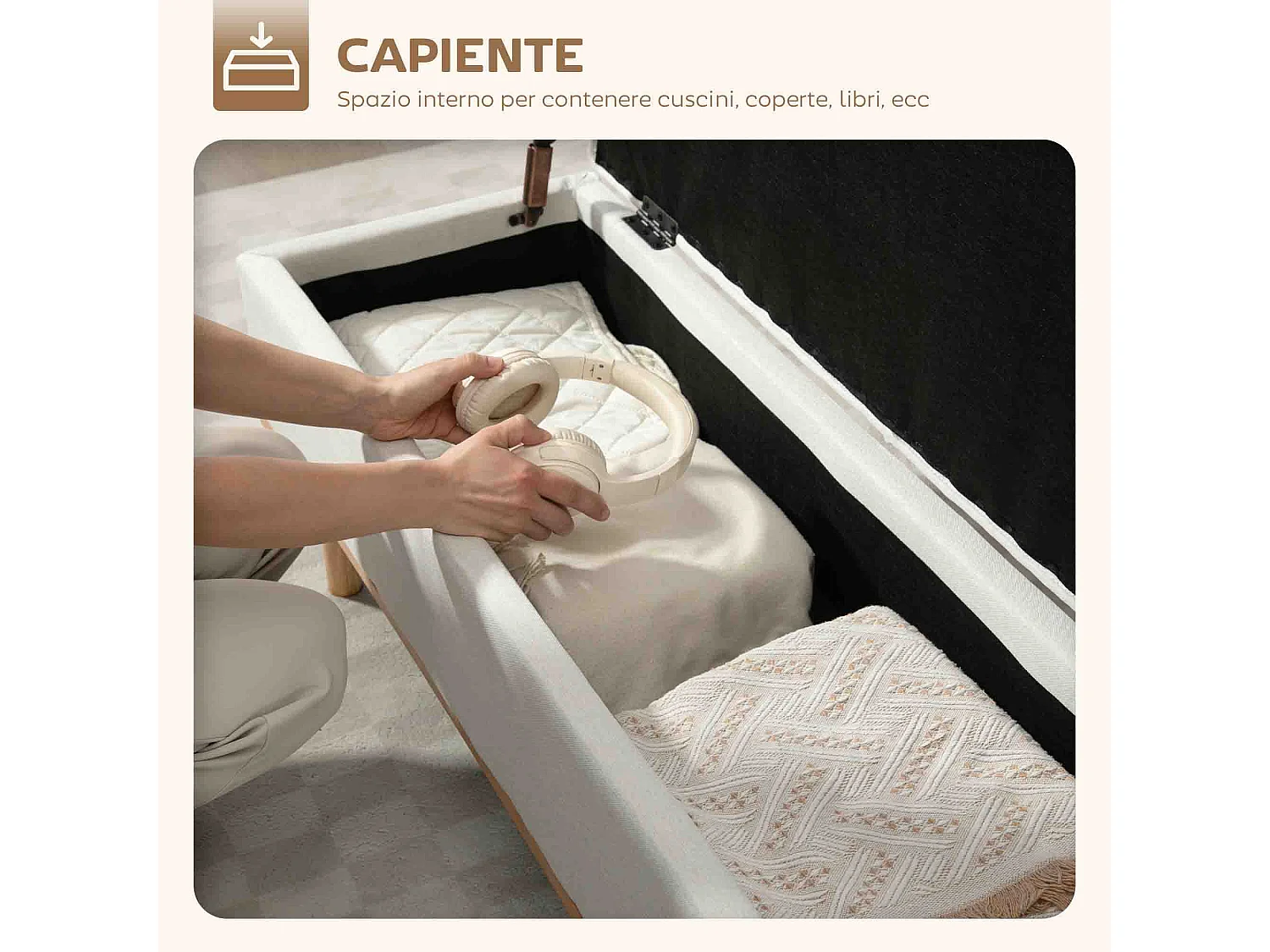 Panca contenitore imbottita da 80 litri in tessuto e legno crema