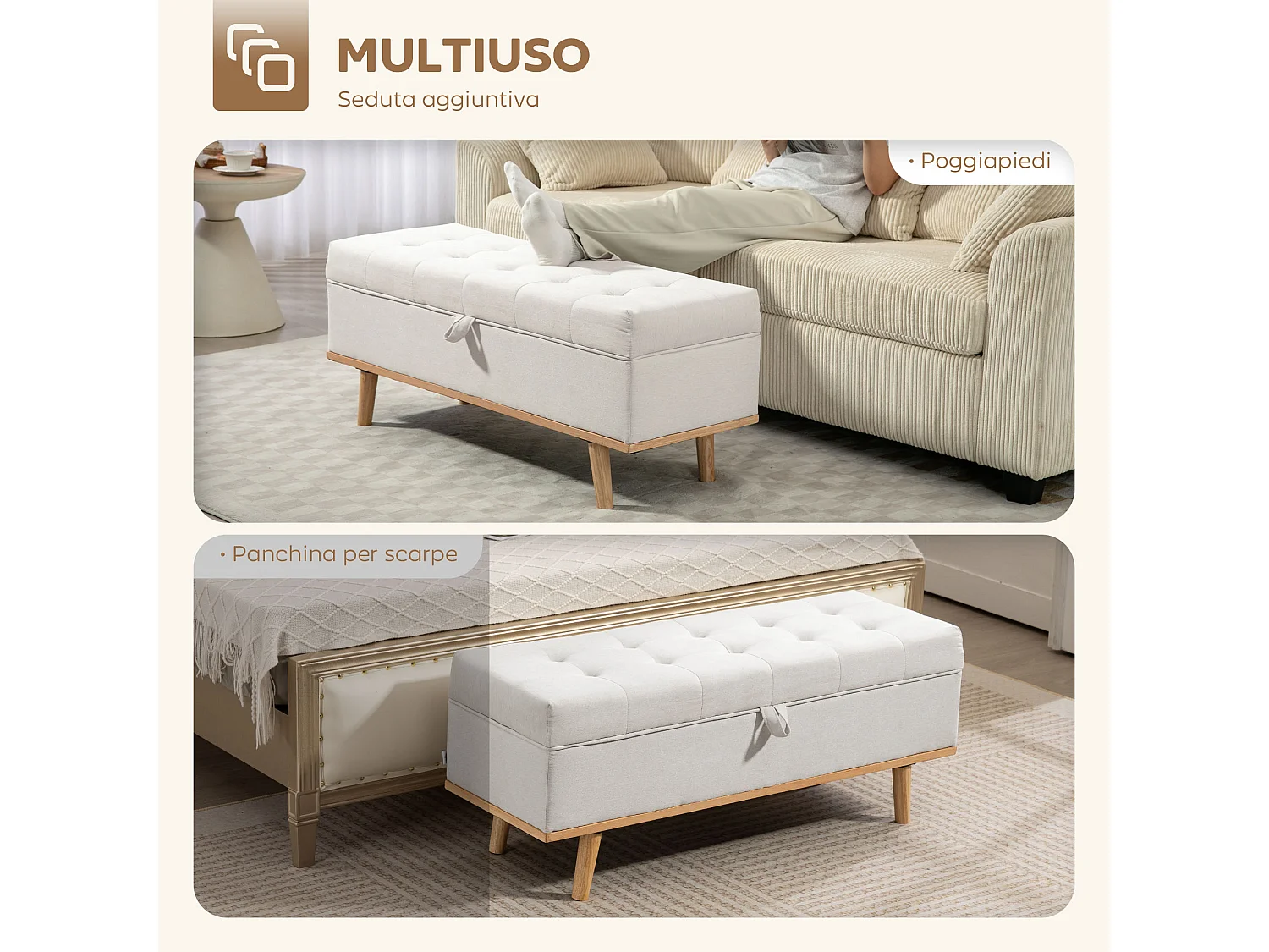 Panca contenitore imbottita da 80 litri in tessuto e legno crema