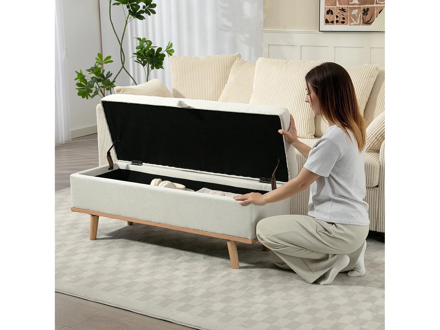 Panca contenitore imbottita da 80 litri in tessuto e legno crema