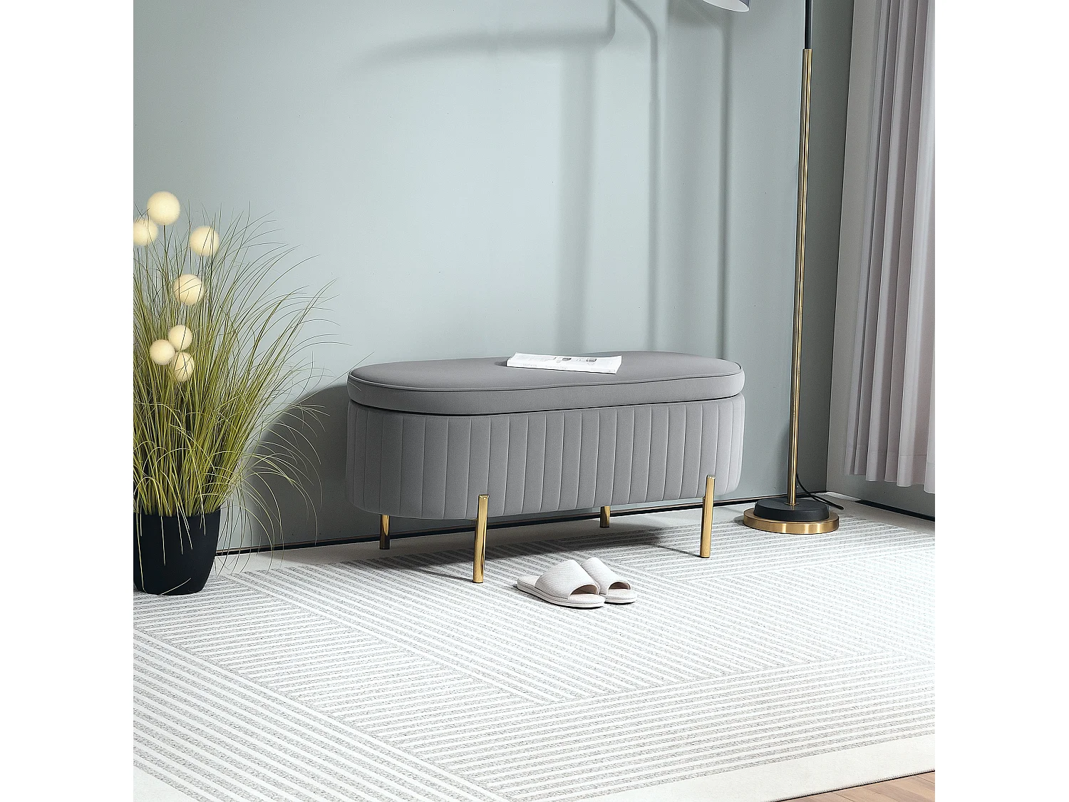 Panca contenitore ovale da 72l in tessuto effetto velluto grigio