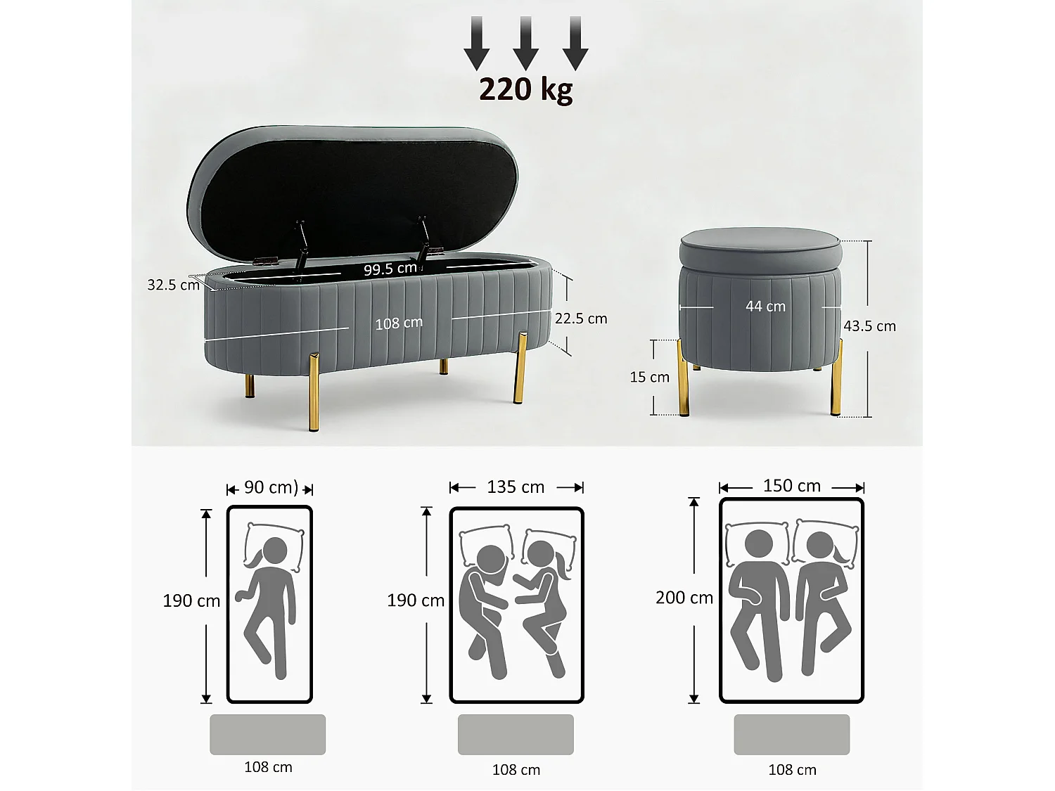 Panca contenitore ovale da 72l in tessuto effetto velluto grigio