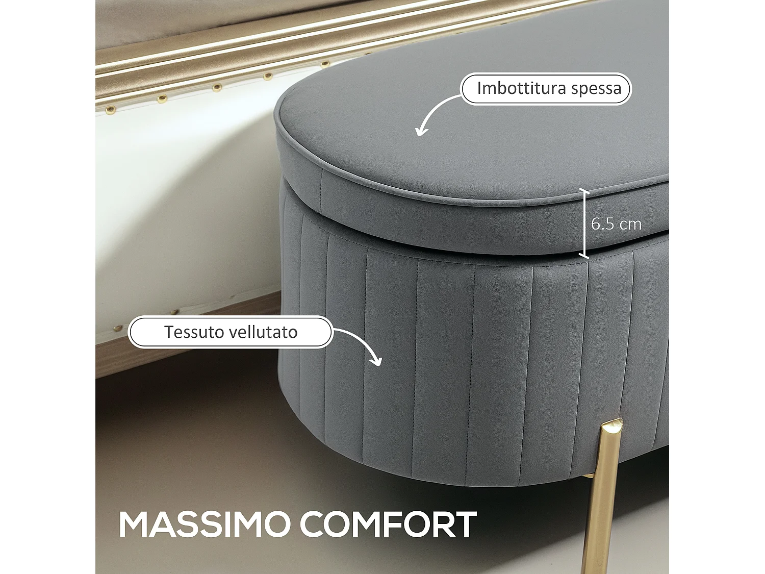 Panca contenitore ovale da 72l in tessuto effetto velluto grigio