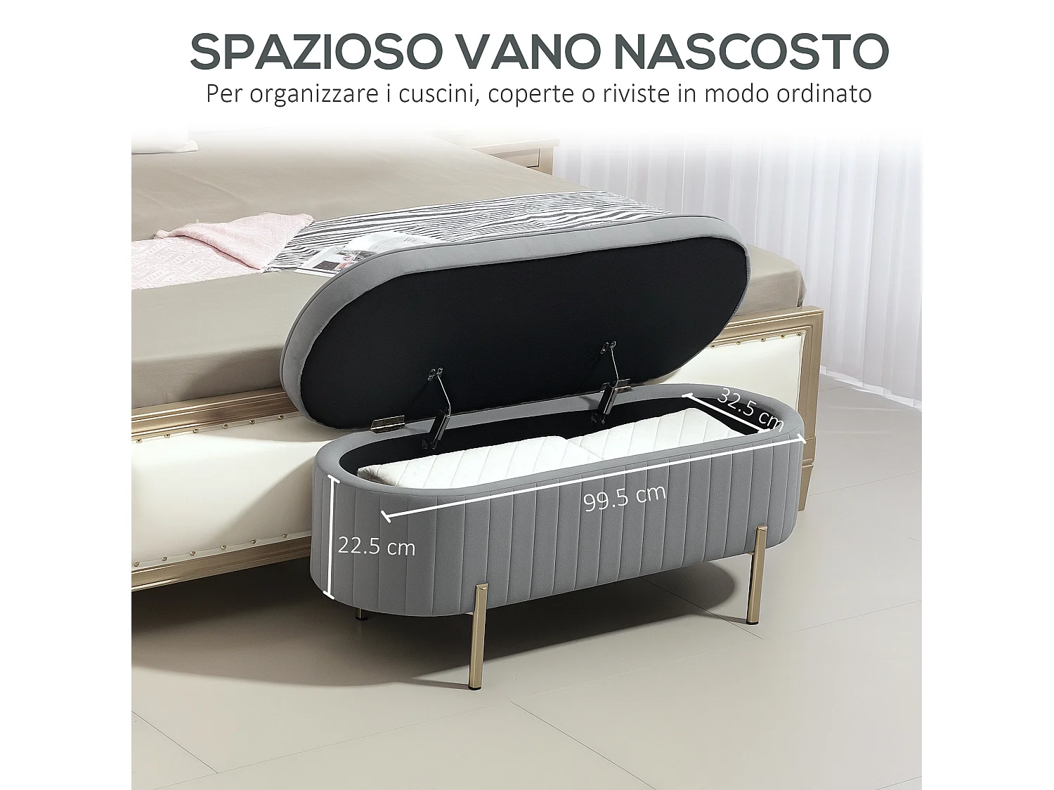 Panca contenitore ovale da 72l in tessuto effetto velluto grigio