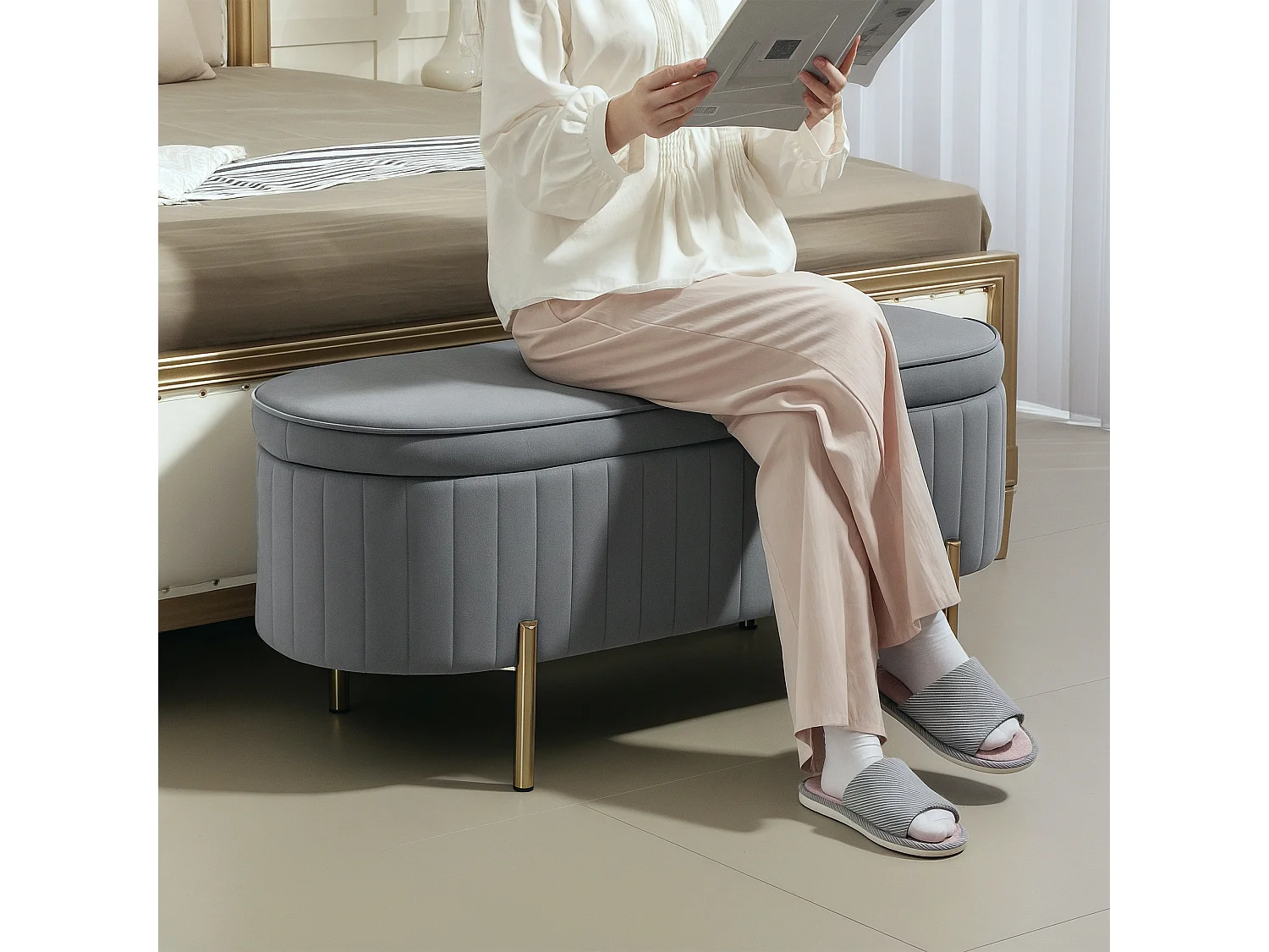 Panca contenitore ovale da 72l in tessuto effetto velluto grigio