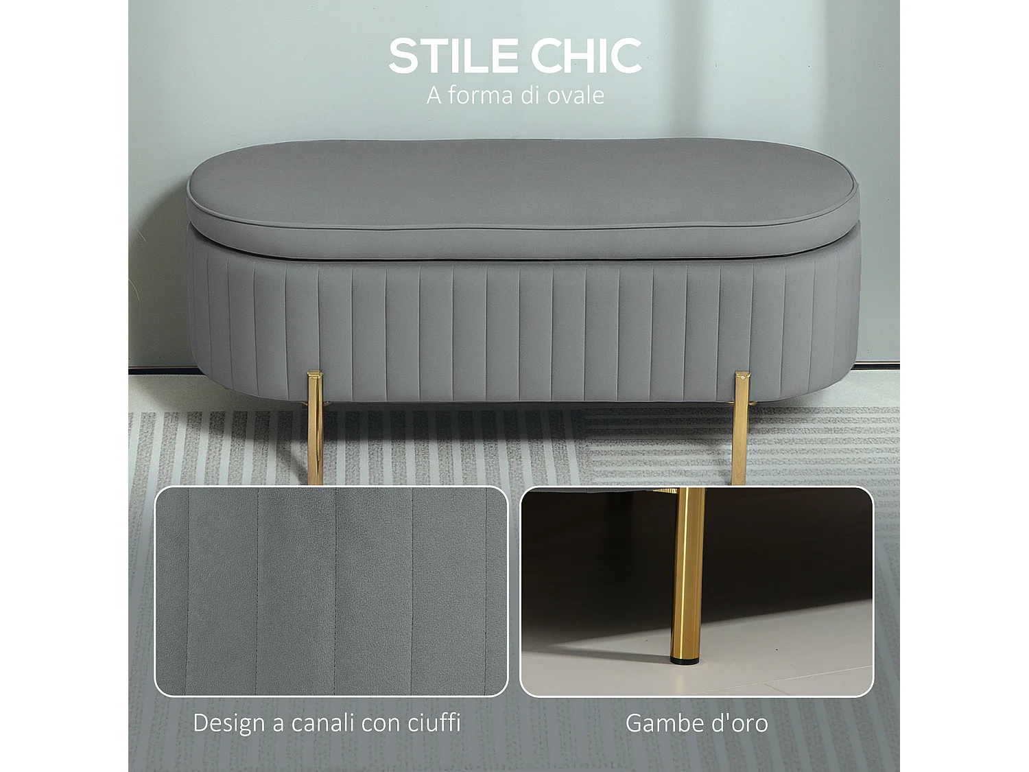 Panca contenitore ovale da 72l in tessuto effetto velluto grigio