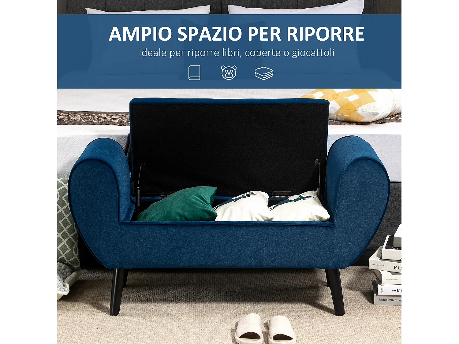 Panca contenitore imbottita tessuto vellutato 118x42x66cm blu