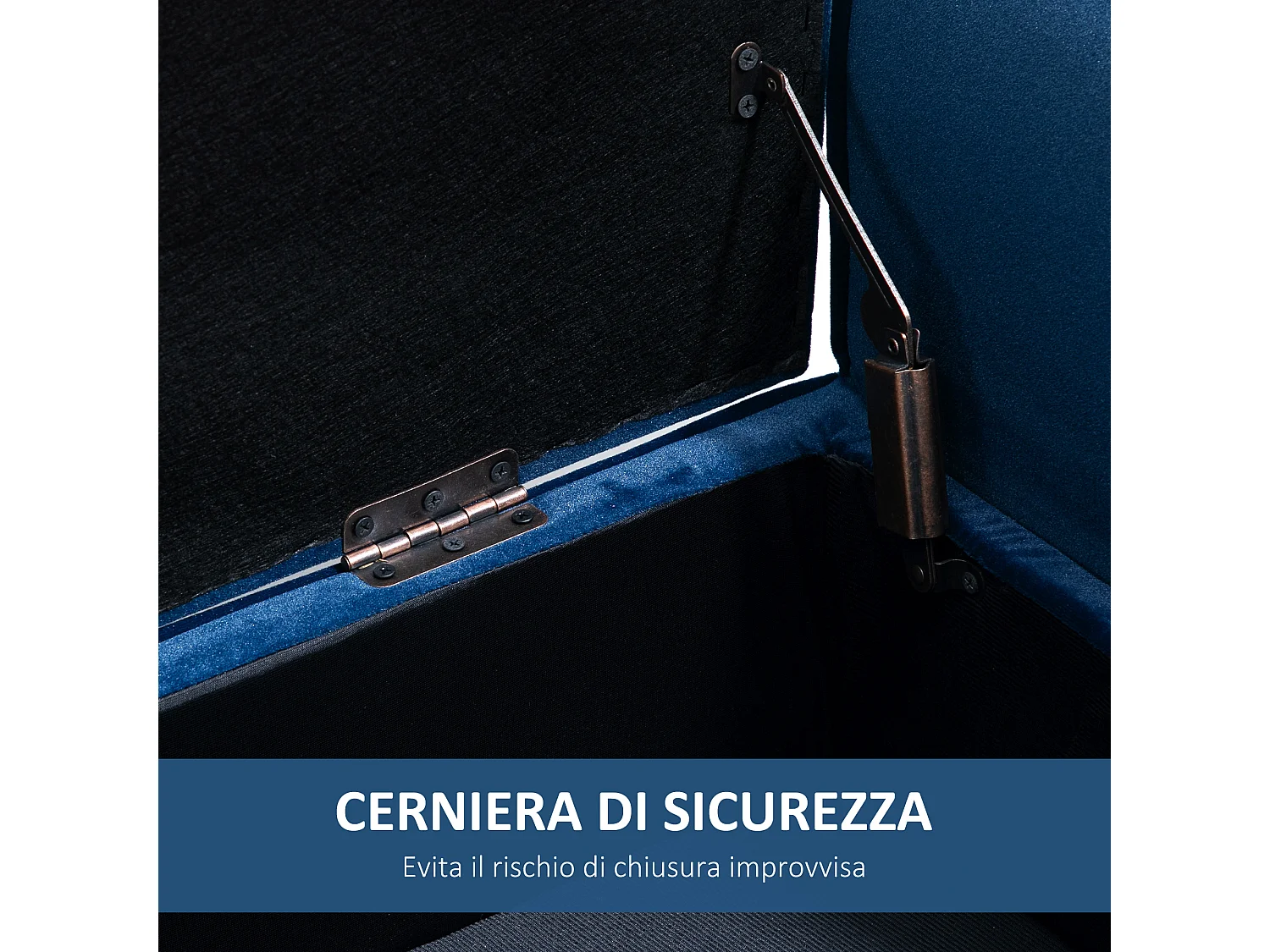 Panca contenitore imbottita tessuto vellutato 118x42x66cm blu