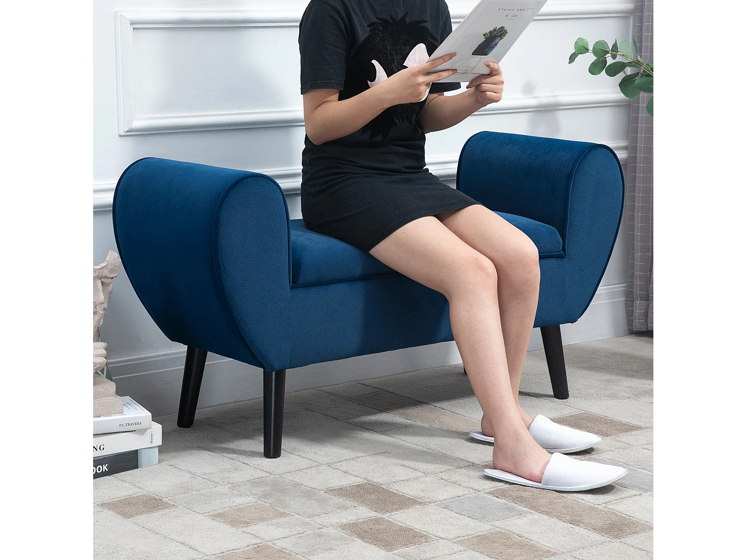 Panca contenitore imbottita tessuto vellutato 118x42x66cm blu