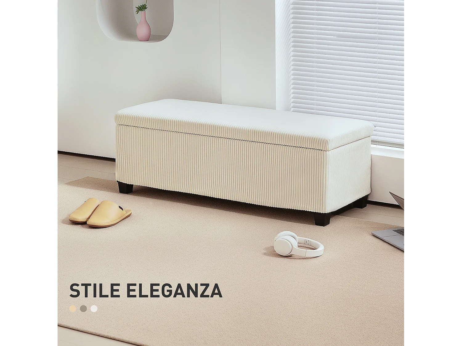 Panca fondo letto vellutata a coste con spazio interno da 84l beige