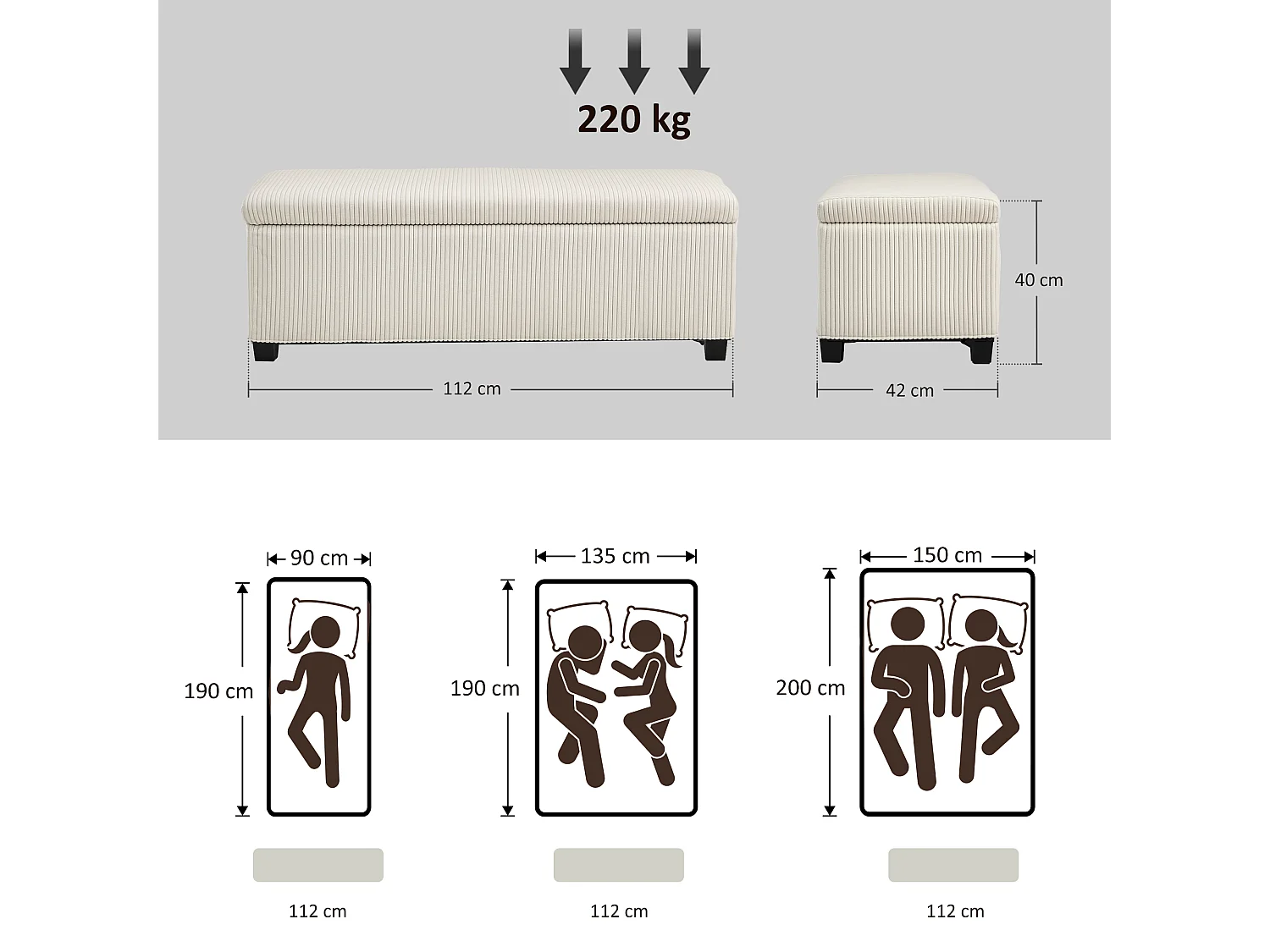 Panca fondo letto vellutata a coste con spazio interno da 84l beige