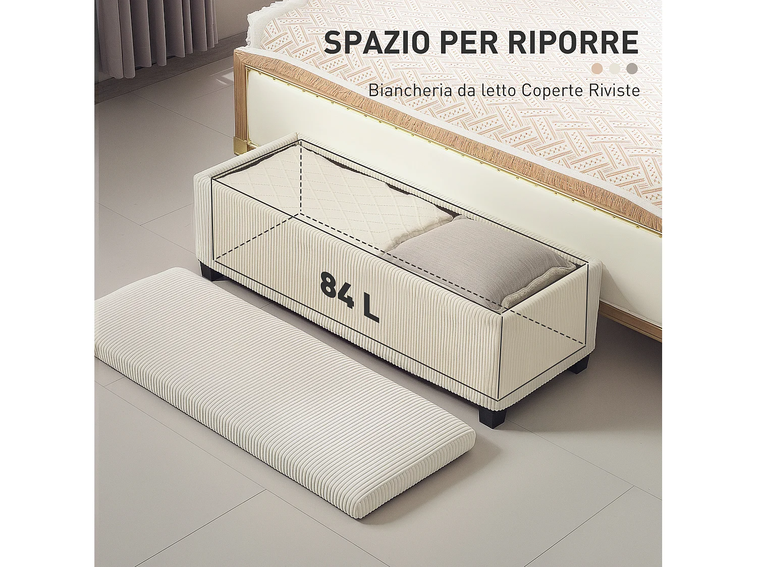 Panca fondo letto vellutata a coste con spazio interno da 84l beige