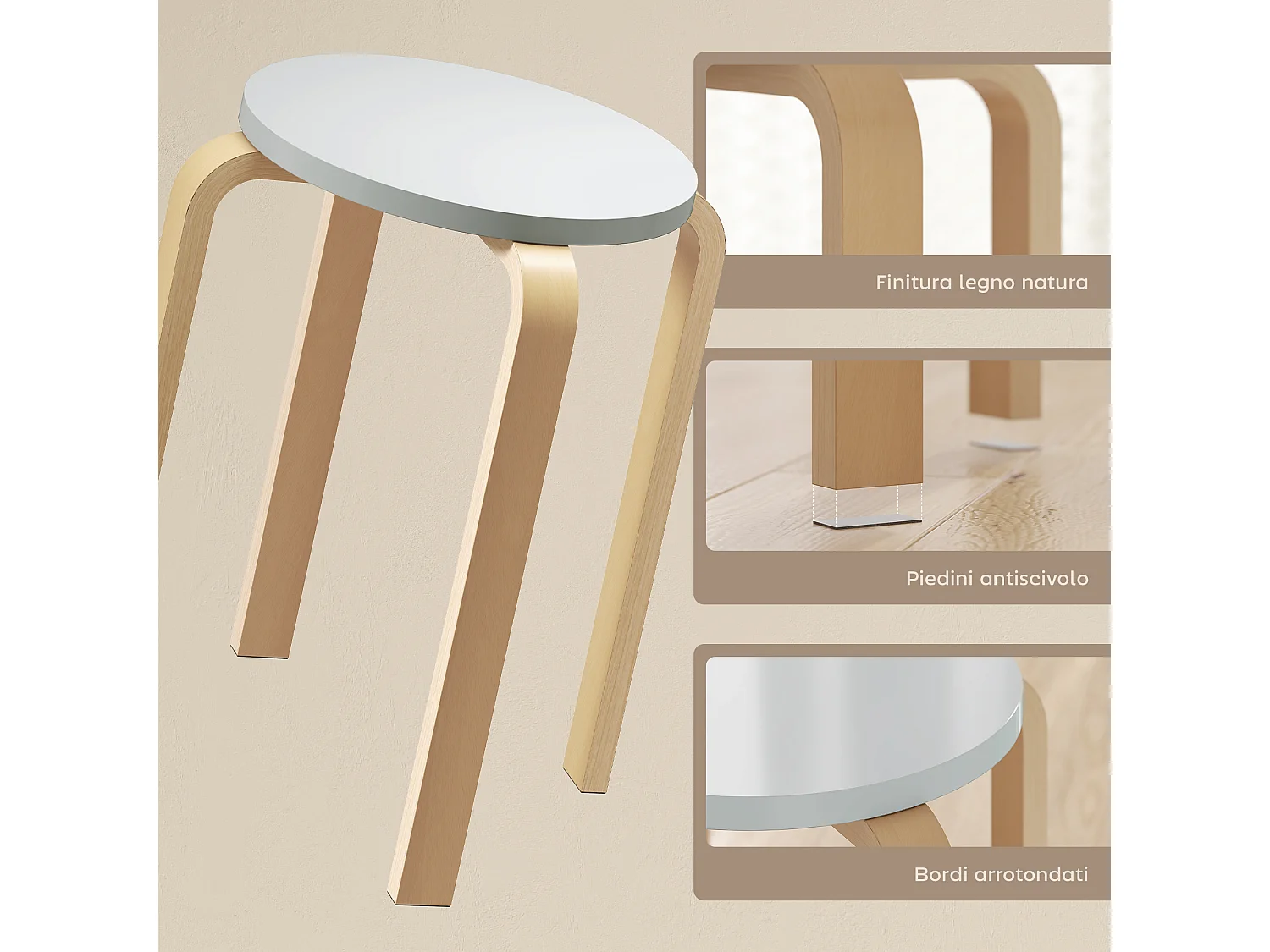 Set 4 sgabelli rotondi impilabili in legno 40x40x45 cm grigio