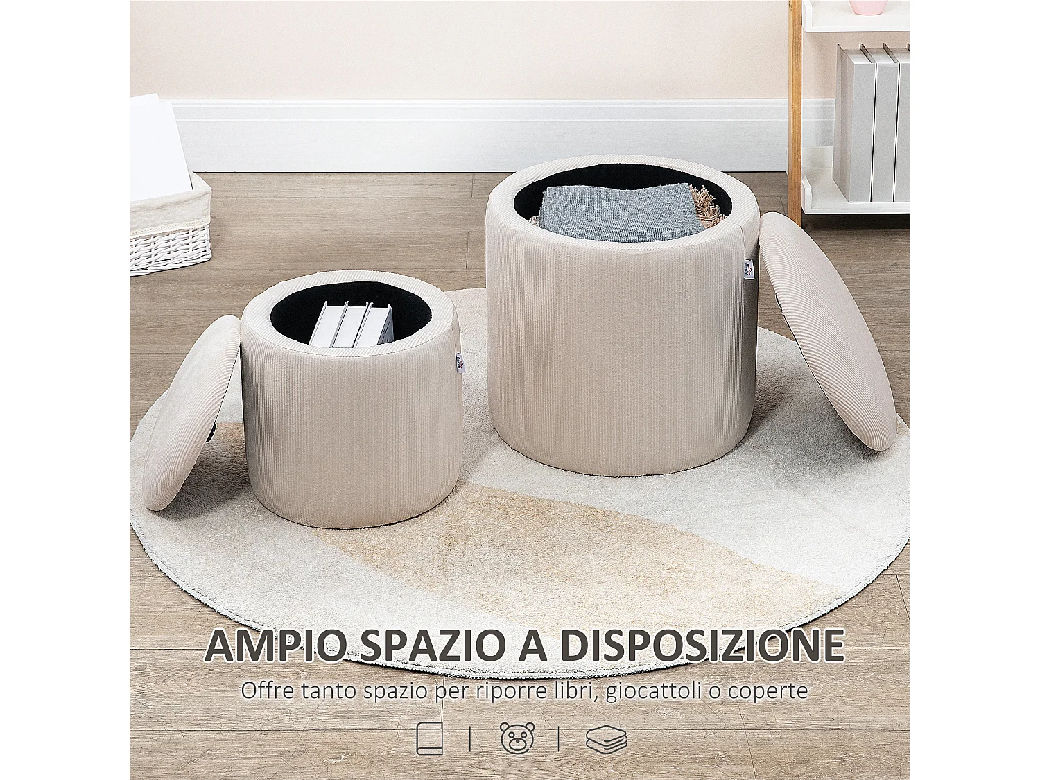 Set di 2 pouf contenitore salvaspazio in velluto bianco