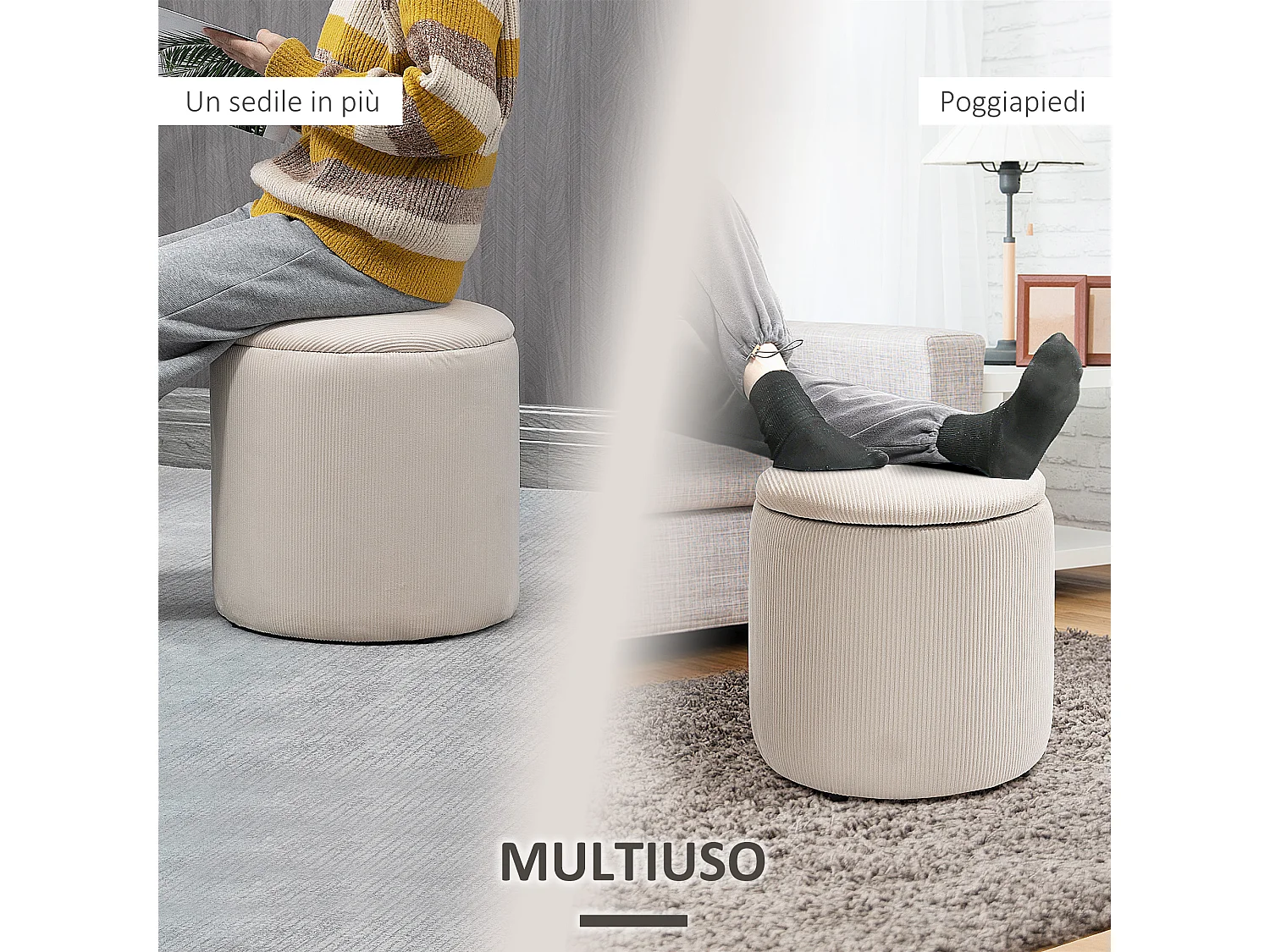 Set di 2 pouf contenitore salvaspazio in velluto bianco