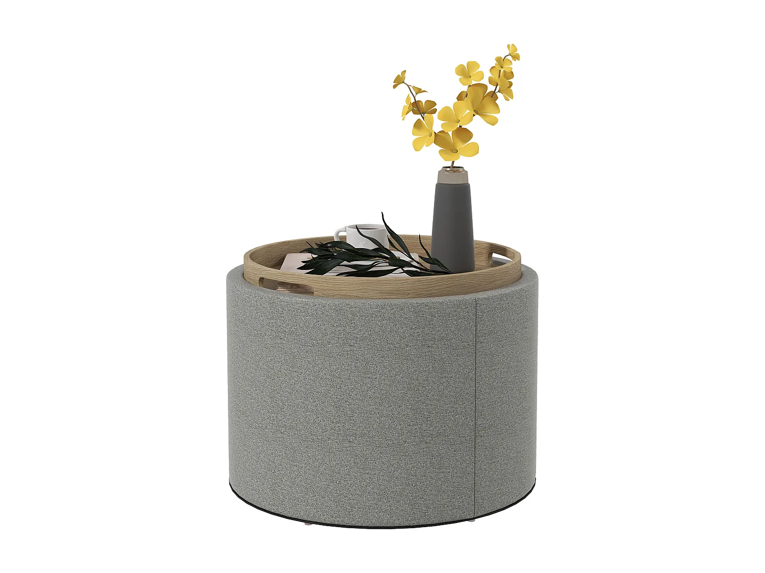 Pouf contenitore in tessuto effetto lino con vassoio a ribalta grigio