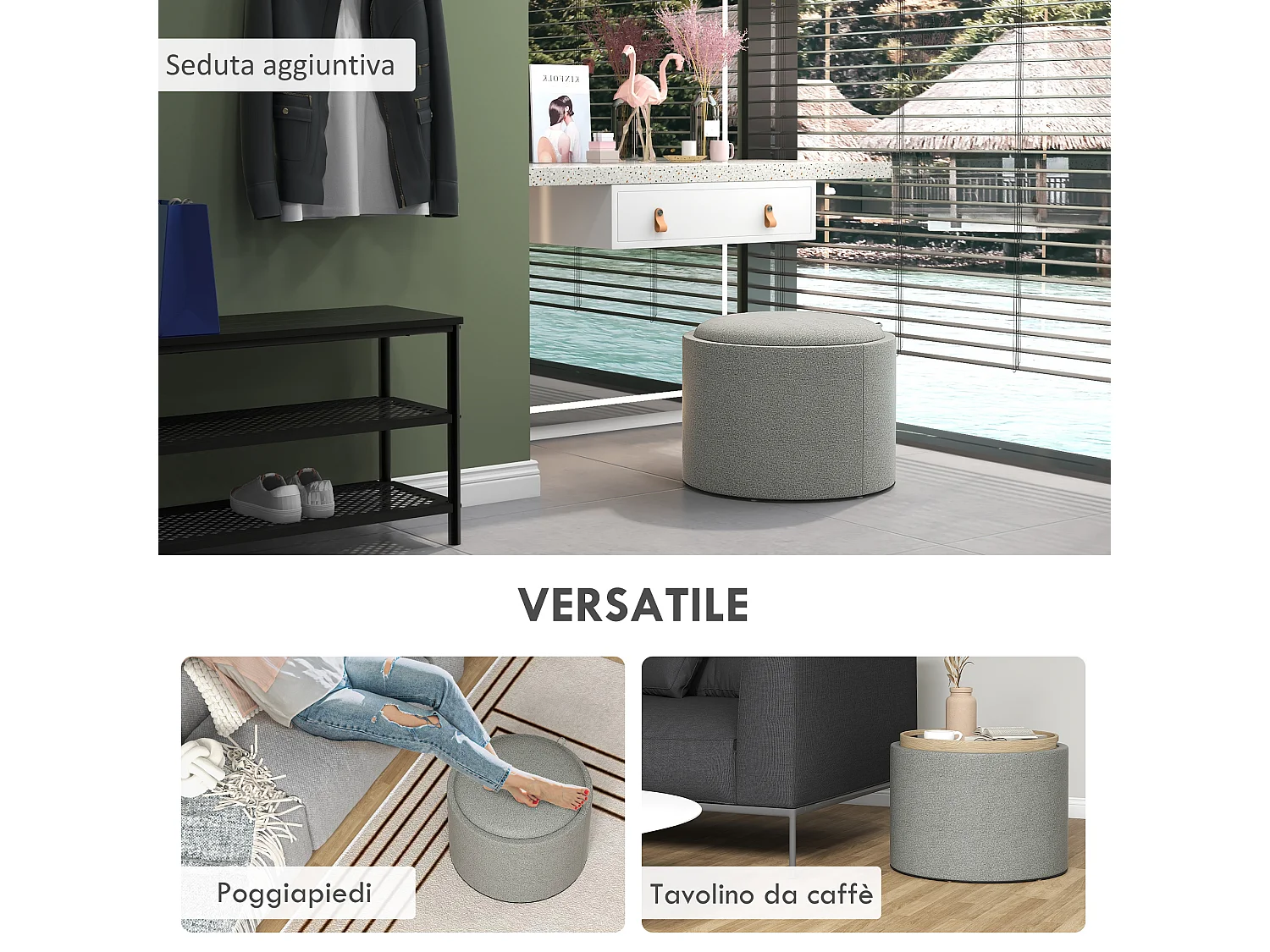 Pouf contenitore in tessuto effetto lino con vassoio a ribalta grigio