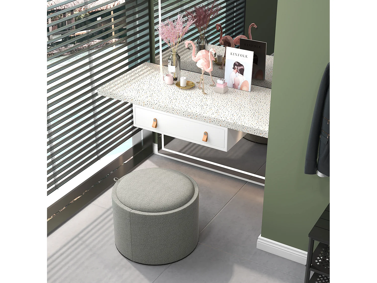 Pouf contenitore in tessuto effetto lino con vassoio a ribalta grigio