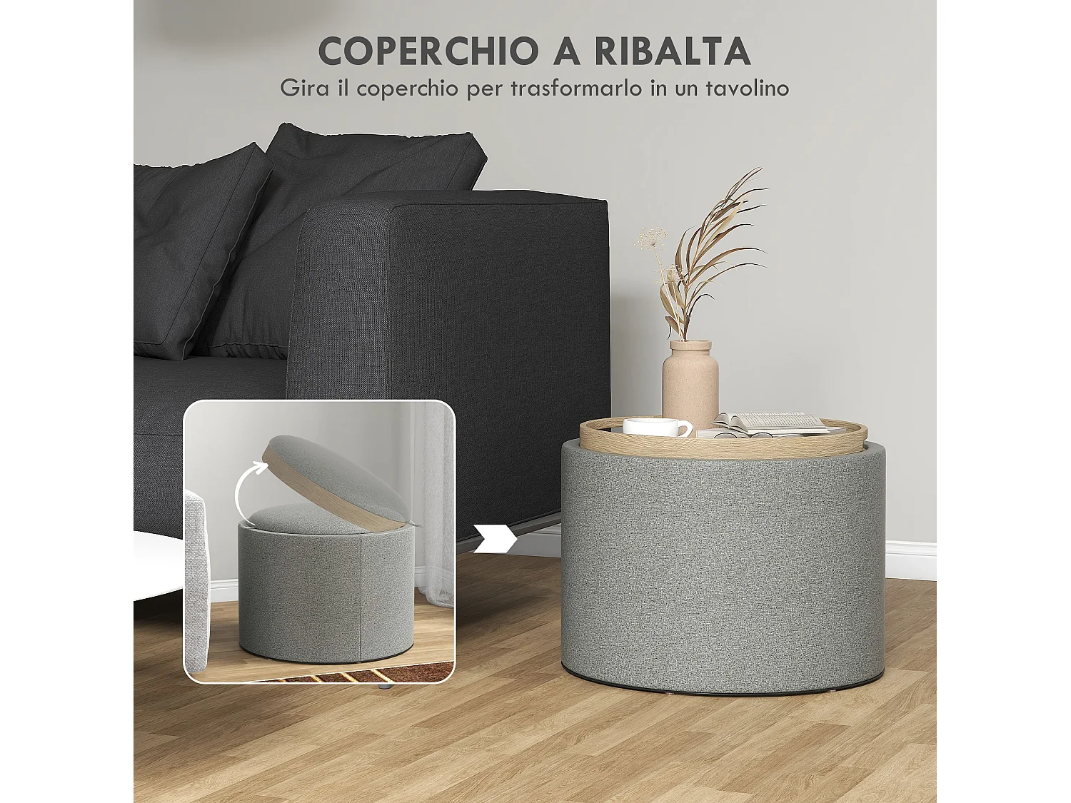 Pouf contenitore in tessuto effetto lino con vassoio a ribalta grigio