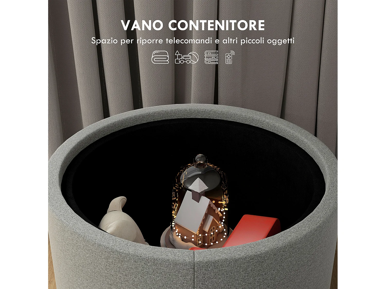 Pouf contenitore in tessuto effetto lino con vassoio a ribalta grigio