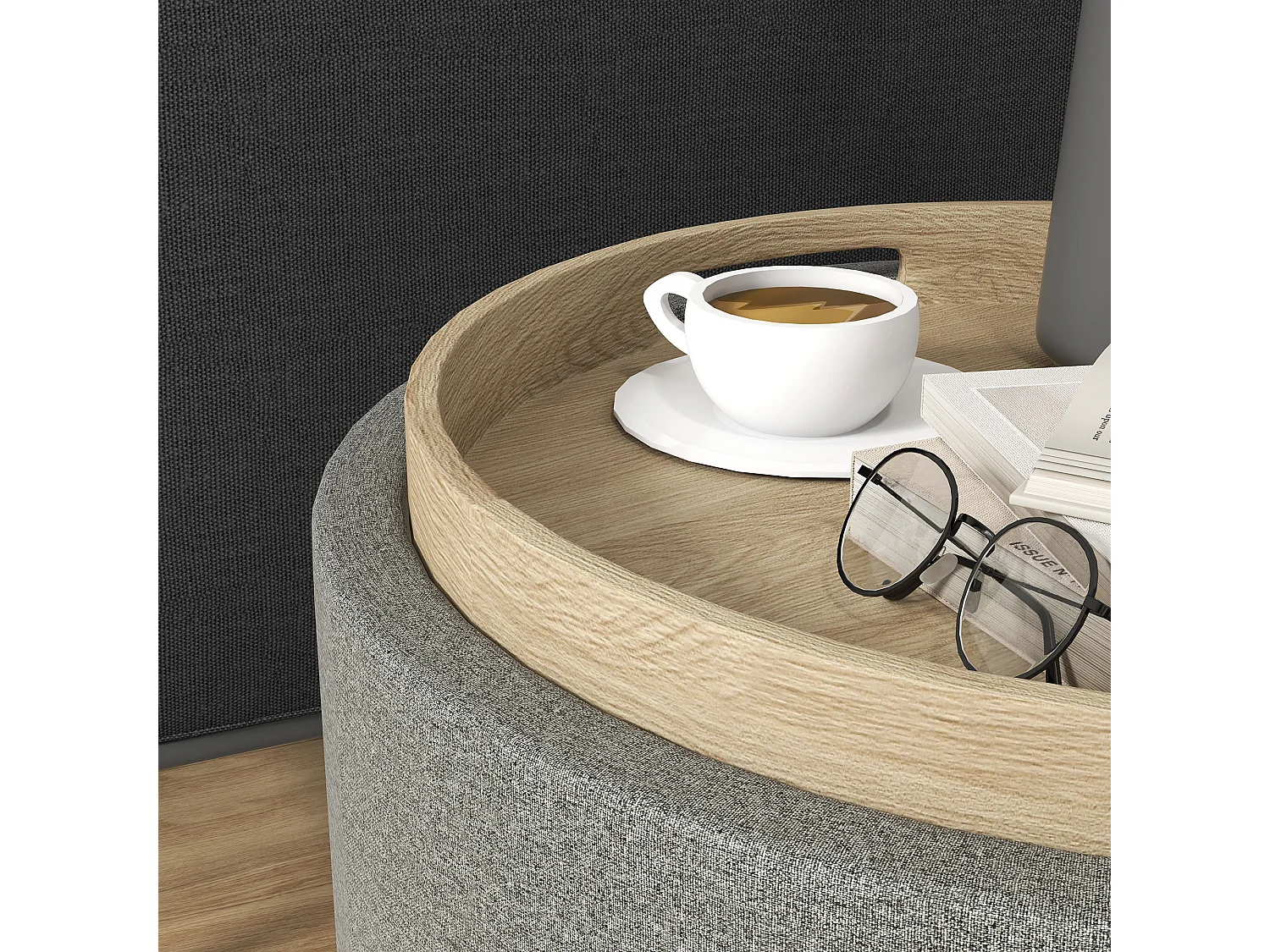 Pouf contenitore in tessuto effetto lino con vassoio a ribalta grigio