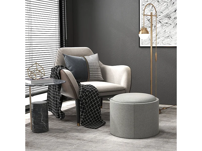 Pouf contenitore in tessuto effetto lino con vassoio a ribalta grigio