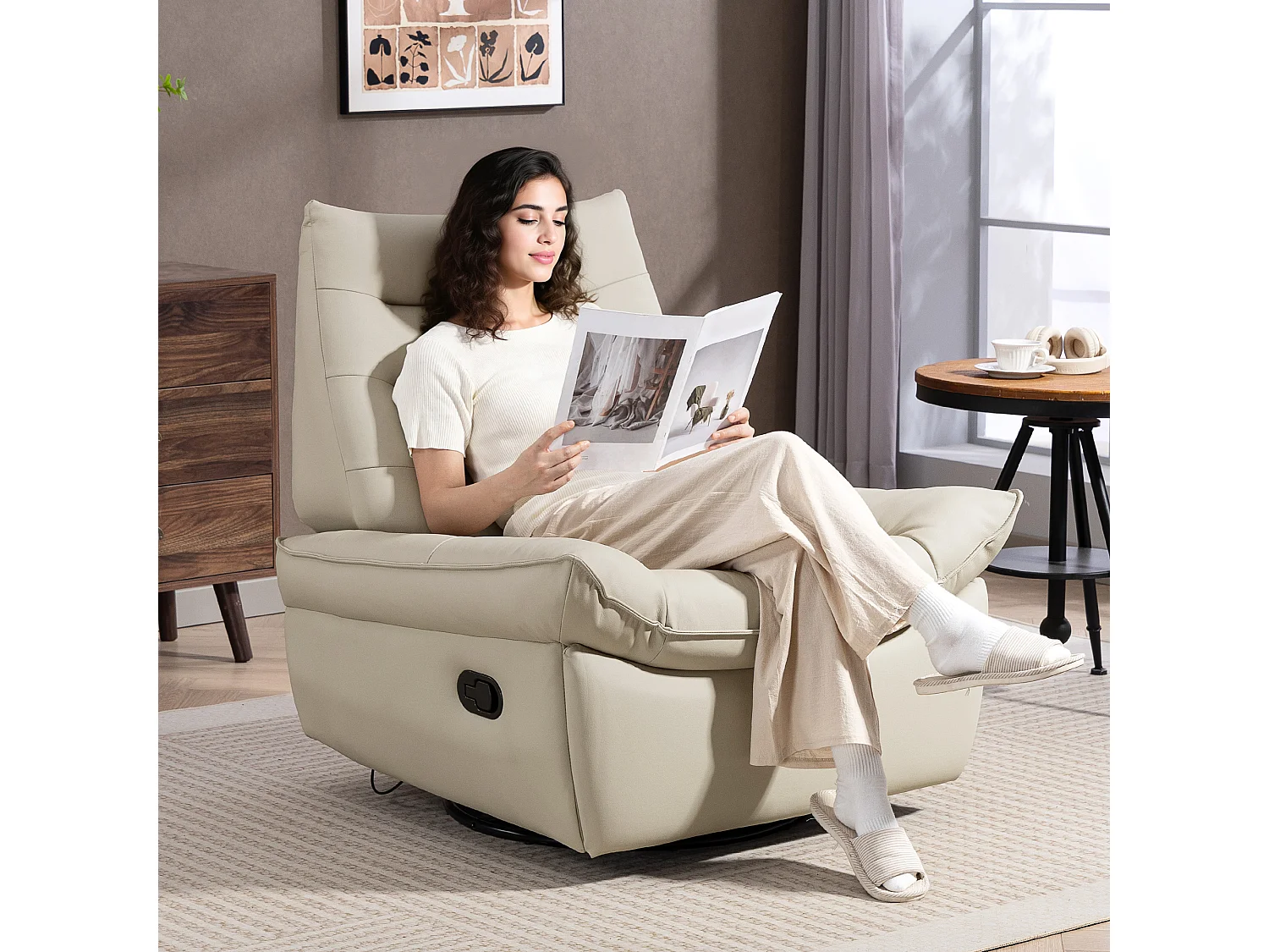 Poltrona relax reclinabile con poggiapiedi e base girevole crema