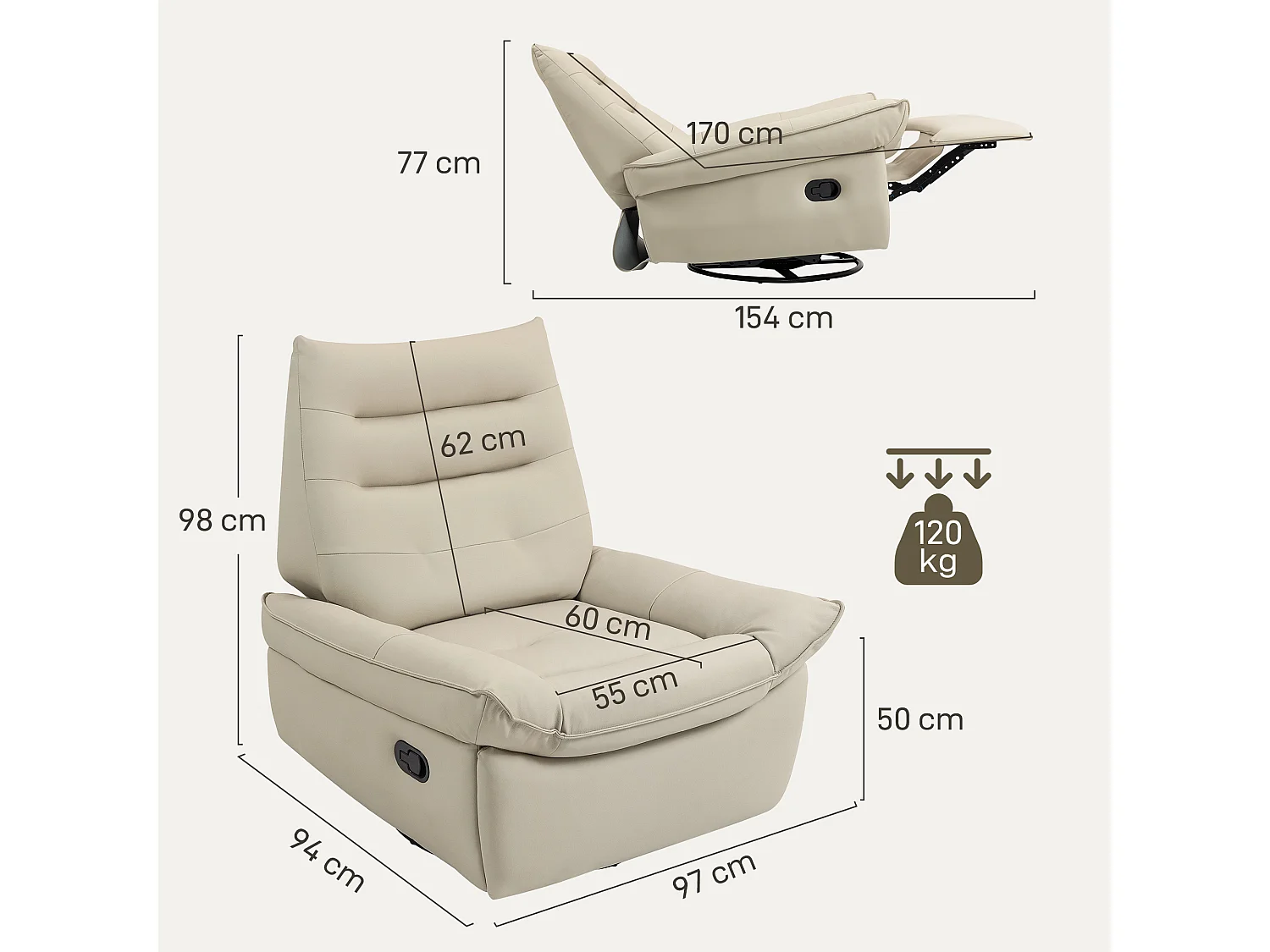 Poltrona relax reclinabile con poggiapiedi e base girevole crema