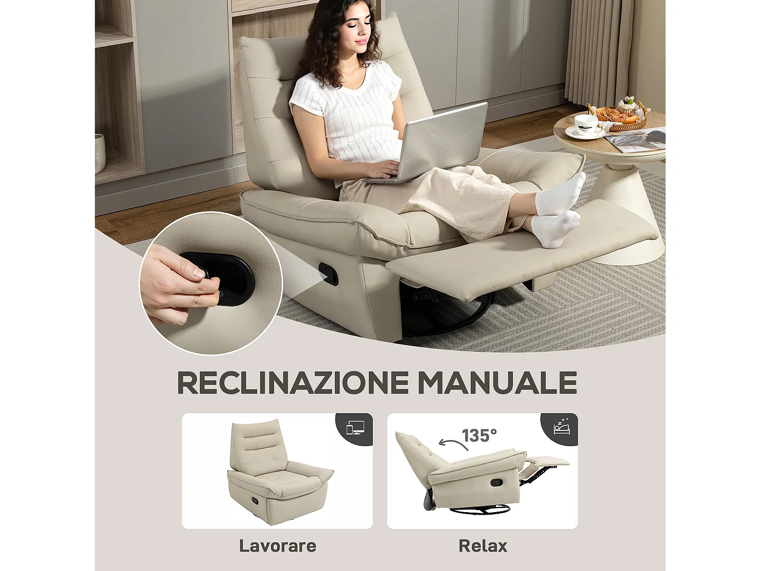 Poltrona relax reclinabile con poggiapiedi e base girevole crema