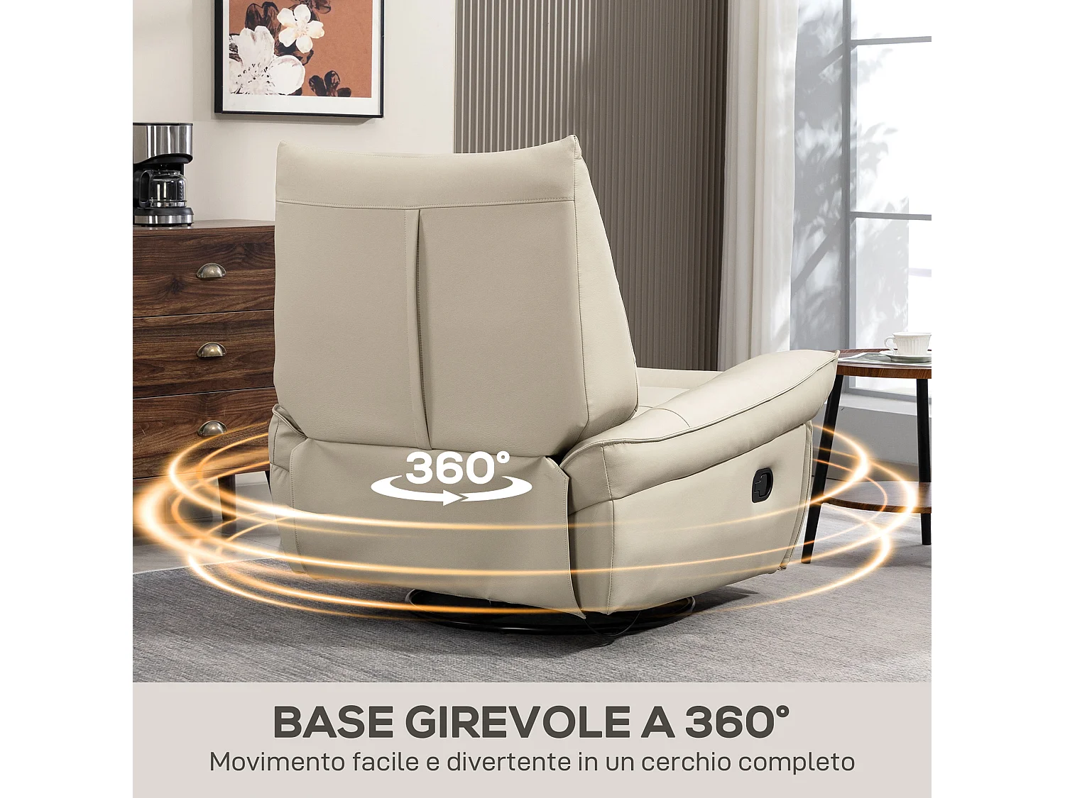 Poltrona relax reclinabile con poggiapiedi e base girevole crema