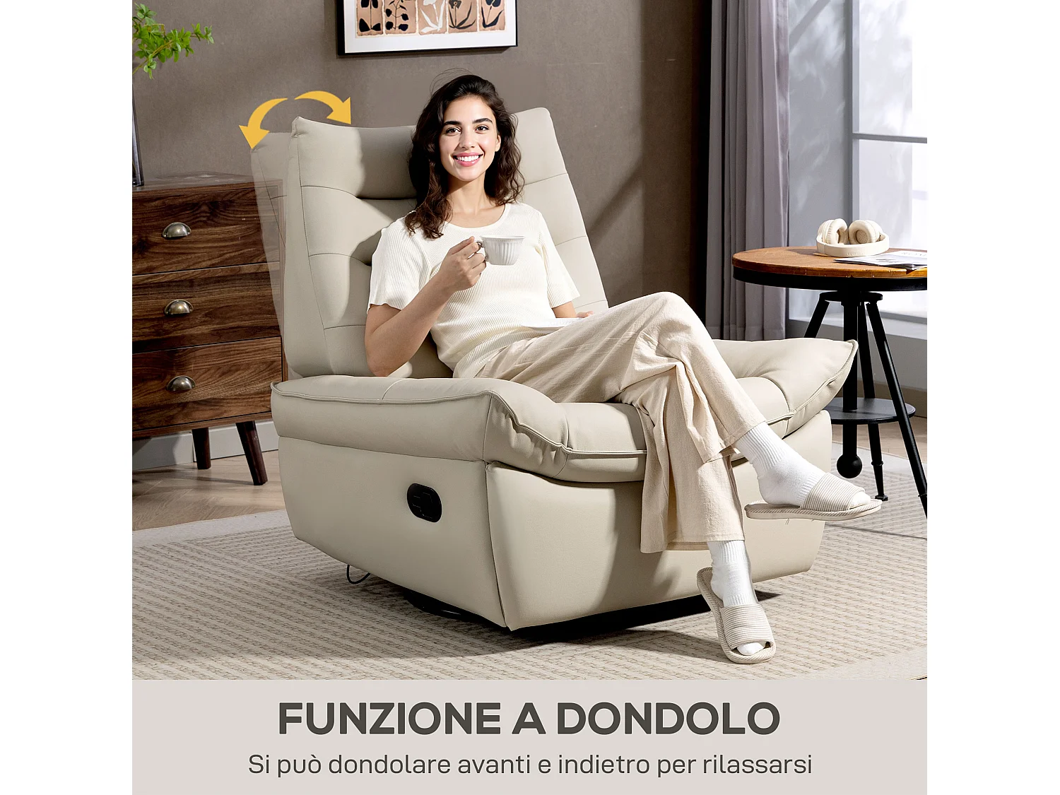 Poltrona relax reclinabile con poggiapiedi e base girevole crema