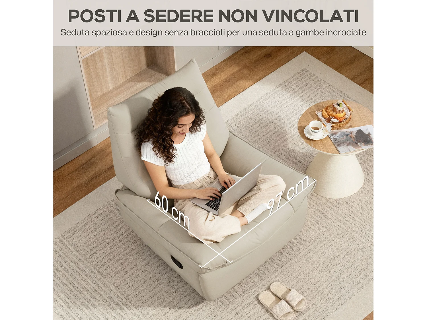 Poltrona relax reclinabile con poggiapiedi e base girevole crema