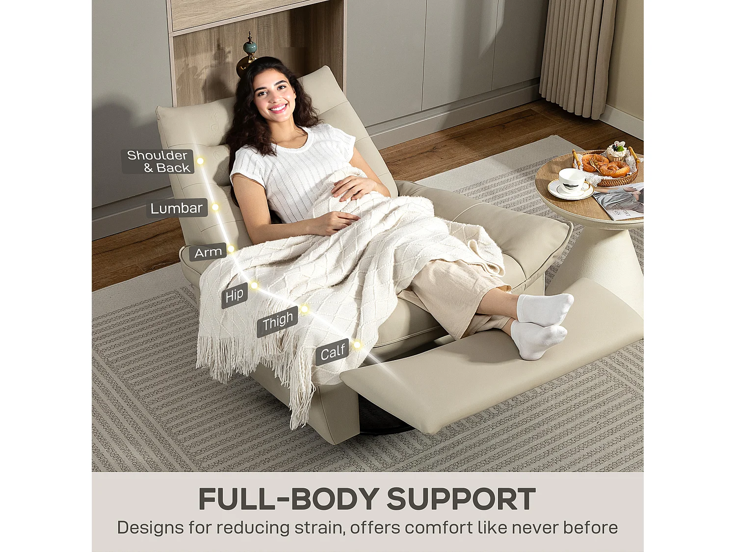 Poltrona relax reclinabile con poggiapiedi e base girevole crema