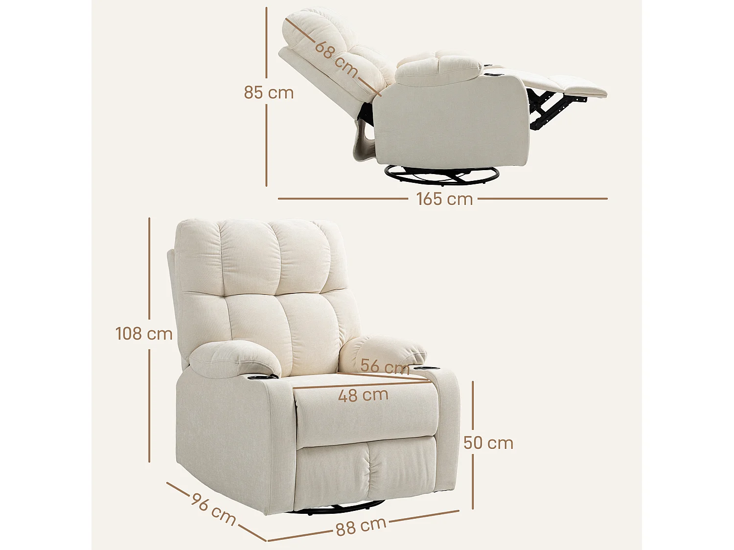 Poltrona reclinabile 135° con poggiapiedi e portabicchieri beige