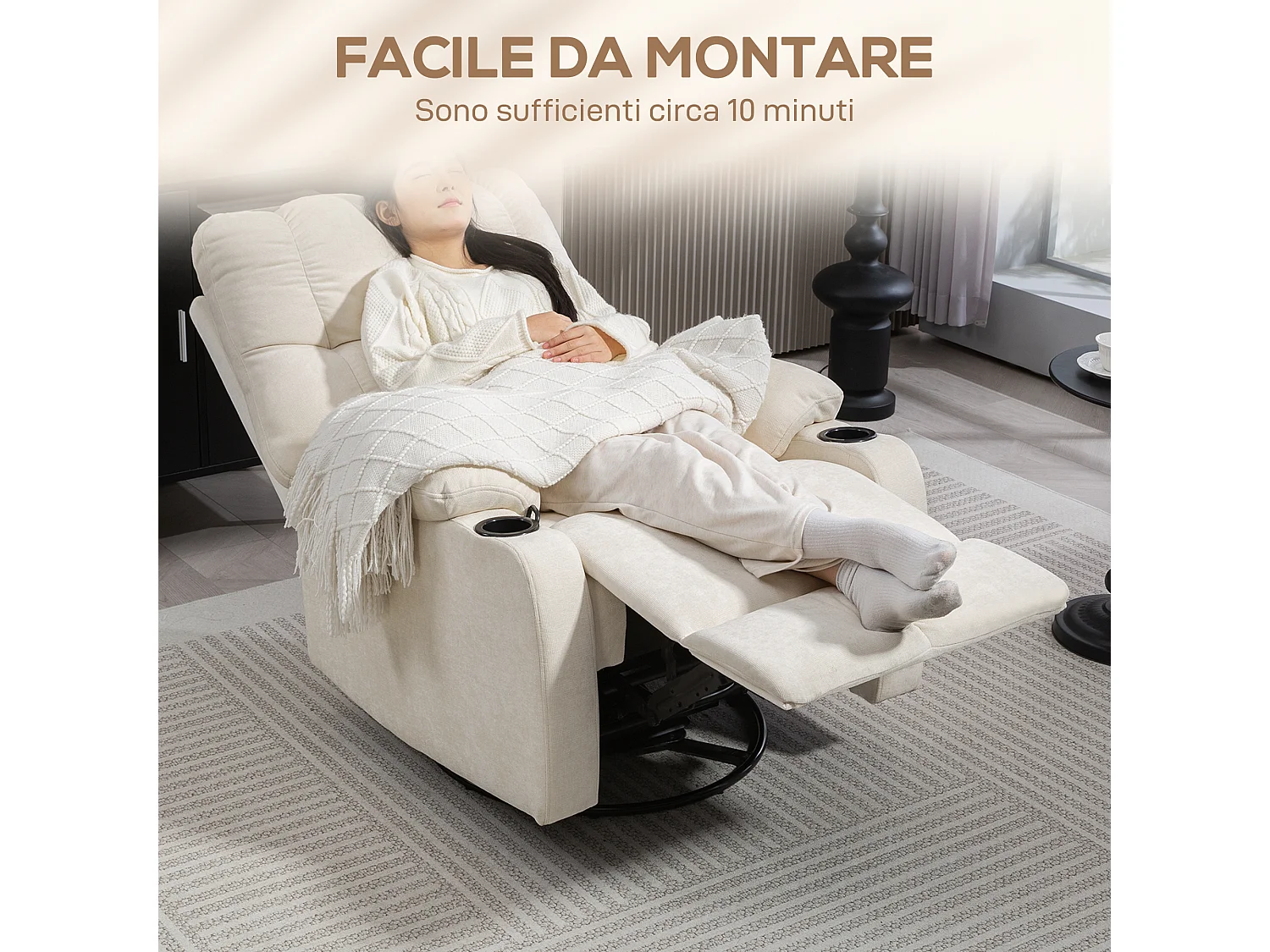 Poltrona reclinabile 135° con poggiapiedi e portabicchieri beige