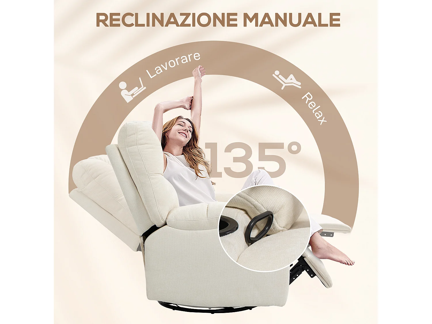 Poltrona reclinabile 135° con poggiapiedi e portabicchieri beige