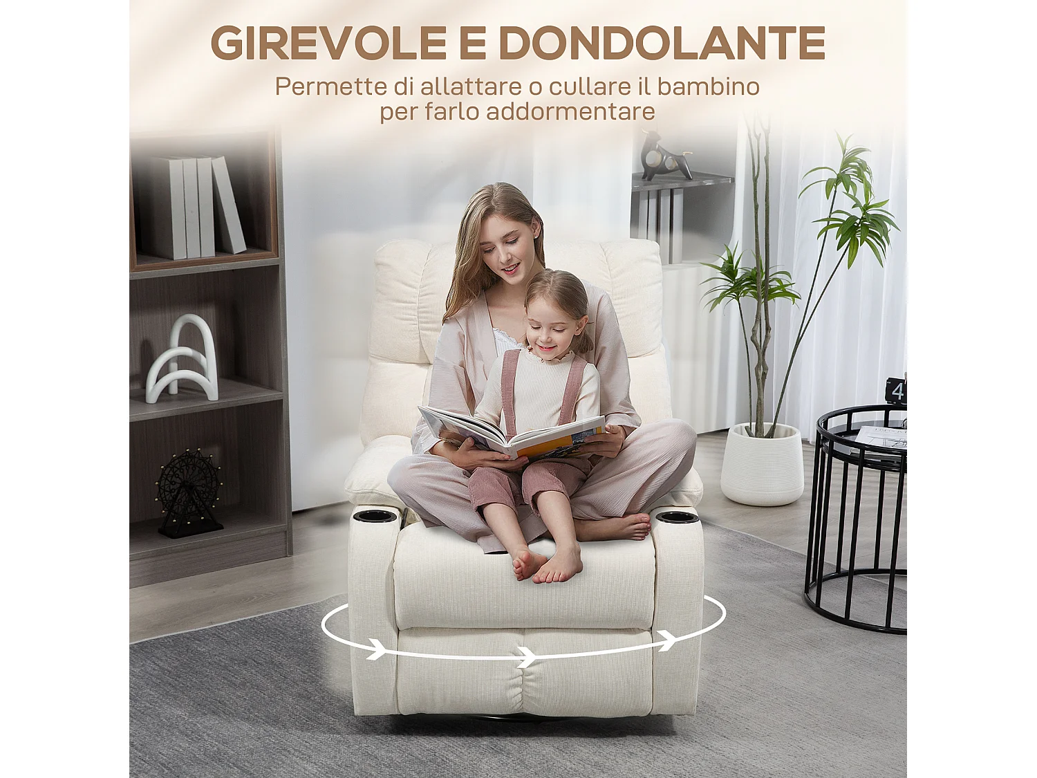 Poltrona reclinabile 135° con poggiapiedi e portabicchieri beige