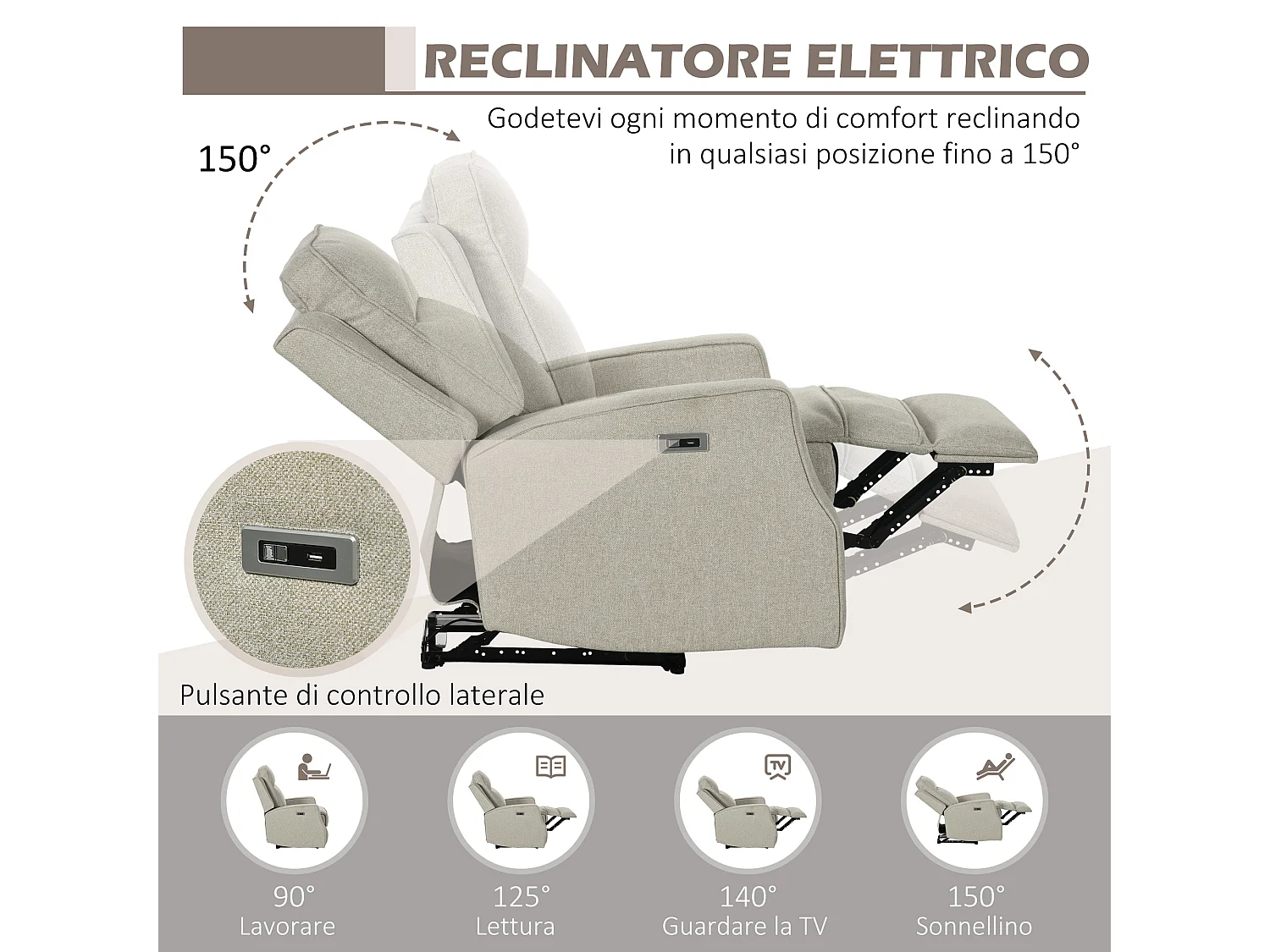 Poltrona relax elettrica e reclinabile 150° per soggiorno beige